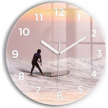 Hodiny Moderní skleněné nástěnné hodiny Surfer na Havaji kulatý průměr 30 cm