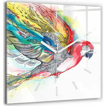 Hodiny Nástěnné čtvercové skleněné hodiny s grafikou Barevná papoušek v letu 60x60 cm