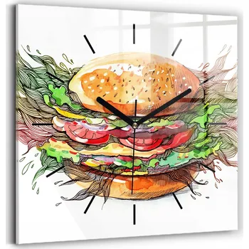 Hodiny Skleněné Hodiny s potiskem Tiché Klasické Nástěnné Burger se sýrem XXL 30x30
