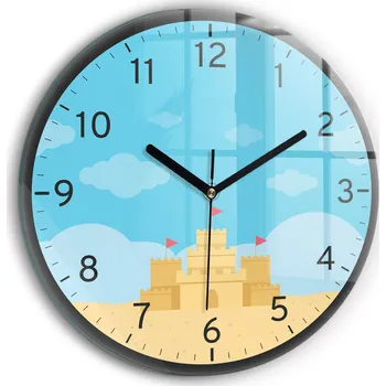 Hodiny Čtvercové Skleněné Nástěnné Hodiny do Obýváku s Grafikou Hrad z písku fi30 cm