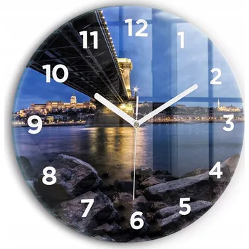 Hodiny Moderní skleněné nástěnné hodiny Skalnatý břeh pod mostem kulatý průměr 30 cm