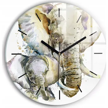 Hodiny Moderní skleněné nástěnné hodiny Malované zvířata sloni kulatý průměr 30 cm
