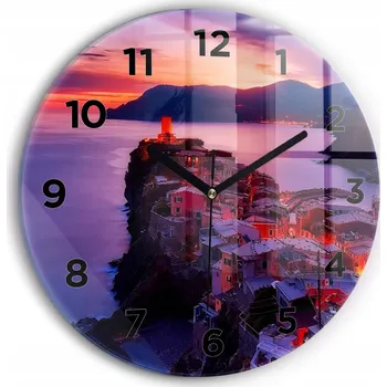 Hodiny Moderní skleněné nástěnné hodiny s potiskem Domy u jezera průměr 30 cm