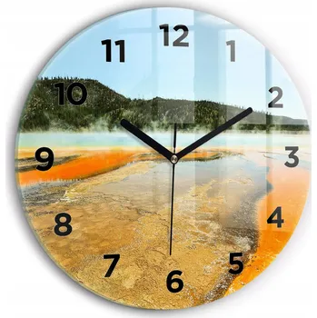 Hodiny Moderní skleněné hodiny s grafikou na zeď Jezero s horami kulatý průměr 30 cm