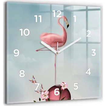 Hodiny Čtvercové Skleněné Nástěnné Hodiny se Surrealistickým Vzorem plameňák 60x60 cm