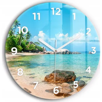 Hodiny Skleněné foto hodiny na zeď Krásná pláž v Thajsku bílé ručičky průměr 60 cm