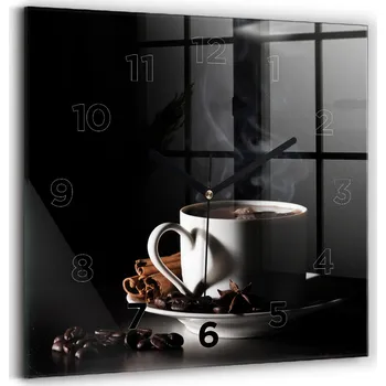 Hodiny Čtvercové Skleněné Nástěnné Hodiny do Kanceláře s Grafikou Šálek kávy 30x30 cm