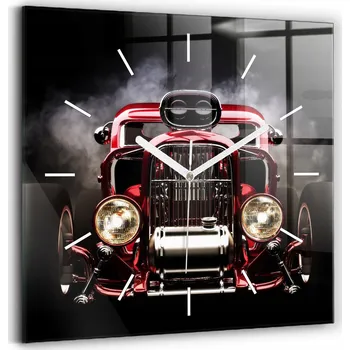 Hodiny Skleněné hodiny s tichým mechanismem, styl Loft, nástěnné, staré auto, 30x30 cm