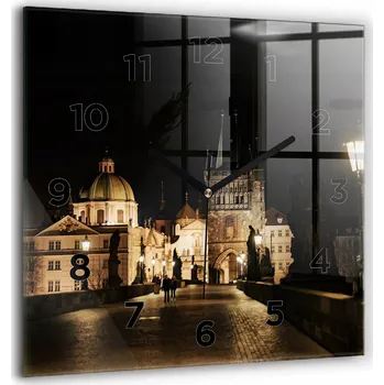 Hodiny Skleněné nástěnné hodiny Tichý chod Obývací pokoj Karlův most v Praze 60x60
