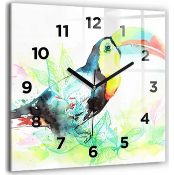 Hodiny Čtvercové skleněné nástěnné hodiny do kanceláře s motivem Tukan v trávě 60x60 cm