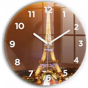 Hodiny Skleněné nástěnné hodiny do obýváku s motivem Osvětlená Eiffelova věž průměr 30 cm