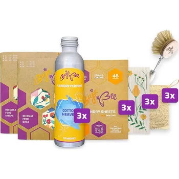 Termobox BajaBee Home Eco Set Premium | Voskovaný pytlík XL 1 ks + Voskované ubrousky 4 ks + 3 x Prací papírky na 48 praní + 3 x Parfém na praní 250 ml + Domácí pomocníci 3 ks