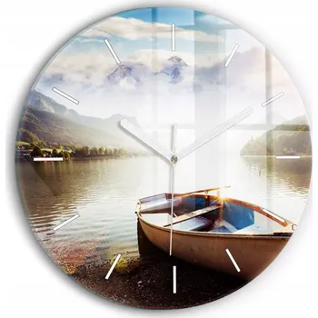 Hodiny Moderní skleněné hodiny s grafikou na zeď Výhled na jezero kulatý průměr 30 cm