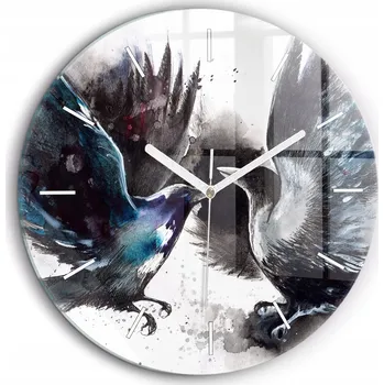 Hodiny Čtvercové Skleněné Nástěnné Hodiny do Obýváku s Motivem Malovaných Ptáků fi60 cm