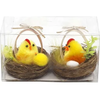 Velikonoční dekorace Slepička s kuřátkem v hnízdě 2ks 60 mm