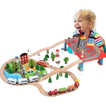 Vláček a vláčkodráha DŘEVĚNÁ VLÁČKODRÁHA VELKÁ S KLUZAČKOU - ROZŠÍŘENÁ SADA MĚSTO 88 dílů