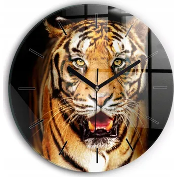 Hodiny Čtvercové Skleněné Nástěnné Hodiny s S Potiskem Tygr – divoký pohled fi30 cm