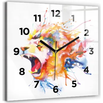 Hodiny Čtvercové Skleněné Nástěnné Hodiny do Kanceláře s Grafikou Lev – akvarel 30x30 cm