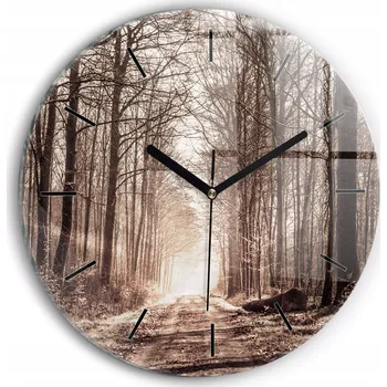 Hodiny Moderní skleněné foto hodiny na zeď Lesní cesta v sépii kulatý průměr 30 cm