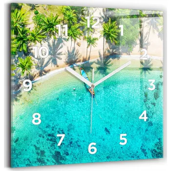 Hodiny Čtvercové skleněné nástěnné hodiny do kanceláře Tropická pláž Koh Tao 30x30 cm