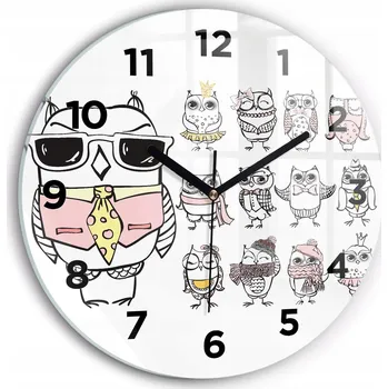 Hodiny Moderní skleněné hodiny s grafikou na zeď Plakát vintage se sovami průměr 30 cm