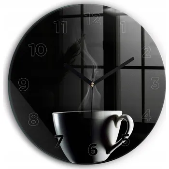 Hodiny Moderní skleněné nástěnné hodiny s potiskem Šálek kávy kulatý průměr 30 cm