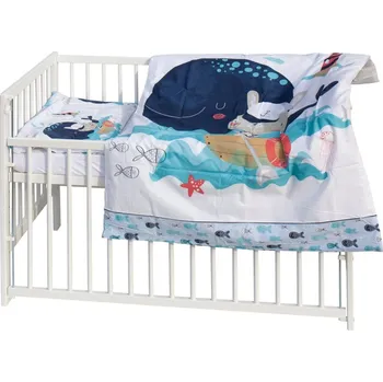 Dětská postýlka Postýlka se stahovacím bokem borovice bílá s výbavou - PANU mořský svět - Scarlett