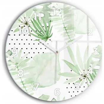 Hodiny Čtvercové Skleněné Nástěnné Hodiny do Kanceláře s Grafikou Zelené Listy fi60 cm