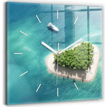 Hodiny Čtvercové Skleněné Nástěnné Hodiny do Obýváku s Motivem Ostrov Srdce 30x30 cm