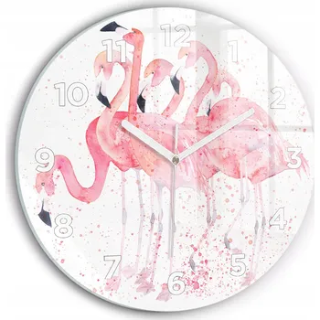 Hodiny Moderní skleněné hodiny s grafikou na zeď Hejno plameňáků kulatý průměr 30 cm