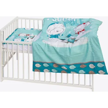 Dětská postýlka Postýlka se stahovacím bokem borovice bílá s výbavou - LEDY zvířátky rybáři na mátovém - Scarlett