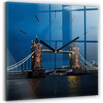 Hodiny Skleněné nástěnné hodiny do obýváku se vzorem Tower Bridge Londýn v noci 30x30 cm