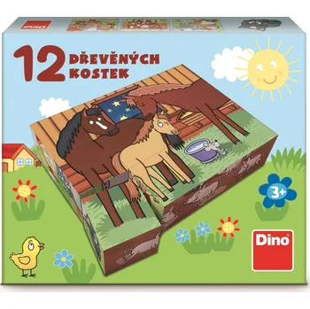 Dřevěná hračka DINO Obrázkové kostky Domácí zvířátka, 12 kostek