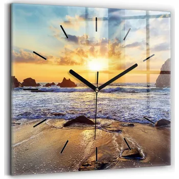 Hodiny Nástěnné čtvercové skleněné hodiny s motivem západu slunce na pláži 30x30 cm