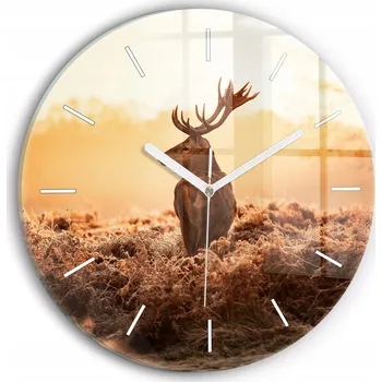 Hodiny Moderní skleněné hodiny s grafikou na zeď Jelen při východu slunce průměr 30 cm