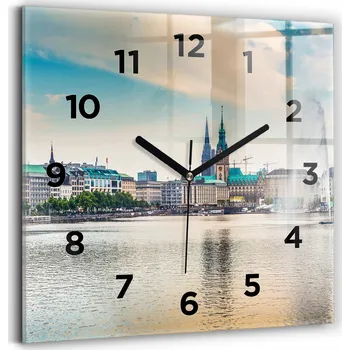 Hodiny Čtvercové Skleněné Nástěnné Hodiny Do Obýváku Binnenalster v Hamburku 30x30 cm