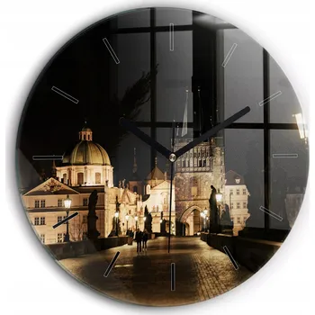Hodiny Skleněné nástěnné hodiny Karlův most v Praze černé ručičky kulatý průměr 60 cm
