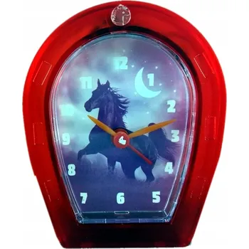 Budík Budík ve tvaru podkovy, 10x8 cm, červený, s motivem koně, na baterie.