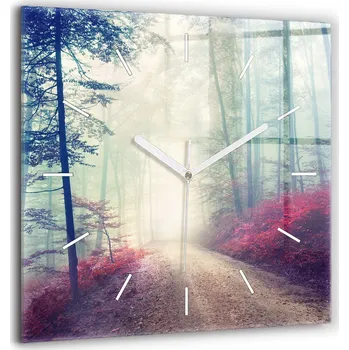 Hodiny Skleněné nástěnné hodiny Tiché ručičky Kuchyně Podzimní cesta Les Mlha 60x60