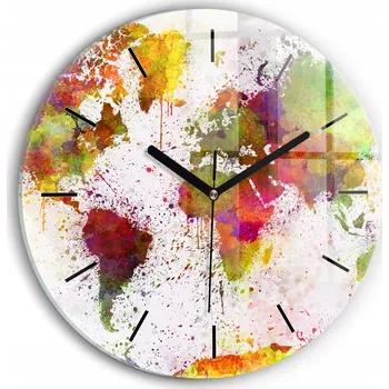 Hodiny Skleněné nástěnné hodiny do moderního interiéru - Akvarelová mapa světa, průměr 30 cm