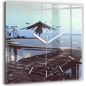 Hodiny Skleněné nástěnné hodiny s tichým chodem - Anděl, most a kolo 30x30 cm