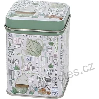 Dóza na potraviny FRESH TEA bílozelená plechová dóza na čaj 7421 čajové nádobí, lístky čaje a nápisy