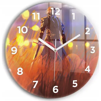 Hodiny Moderní skleněné hodiny s grafikou na zeď Rytíř s mečem kulatý průměr 30 cm