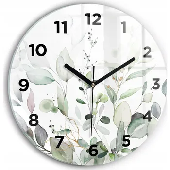 Hodiny Moderní skleněné nástěnné hodiny s potiskem Rostliny listy kulatý průměr 30 cm