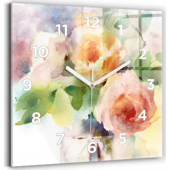 Hodiny Skleněné nástěnné hodiny s motivem růží ve váze, akvarel, 30x30 cm
