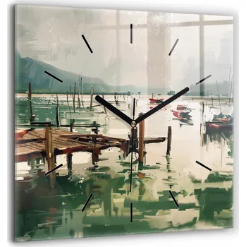 Hodiny Velké skleněné nástěnné hodiny Tiché ručičky Rybářské lodě v přístavu 60x60