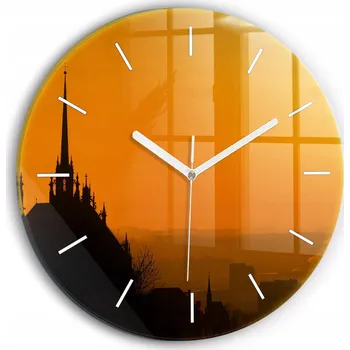 Hodiny Moderní skleněné nástěnné hodiny s potiskem Pohled na katedrálu Brno průměr 30 cm