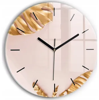 Obraz Tichá nástěnná skleněná hodina Zlaté tropické listy kulatý průměr 30 cm