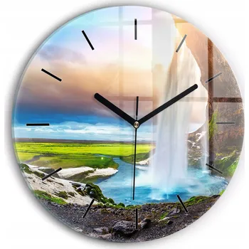 Hodiny Ozdobné nástěnné hodiny s krásnou grafikou Vodopád na Islandu kulatý průměr 30 cm
