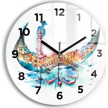 Hodiny Čtvercové Skleněné Hodiny na Zeď do Obýváku Itálie - Benátská Gondola fi30 cm